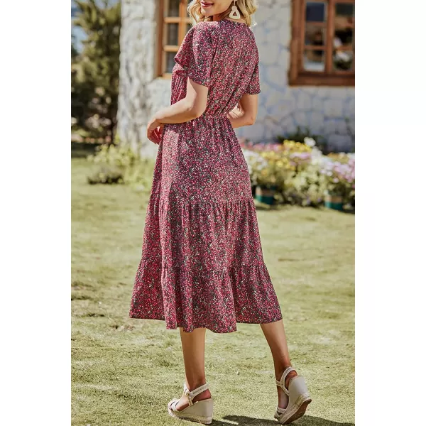 imagePRETTYGARDEN Womens Floral Boho Dress Casual Short Sleeve V Neck Ruffle Tiered 2023 Summer Swing Maxi DressesBlack Red Floral