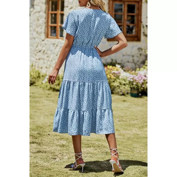 imagePRETTYGARDEN Womens Floral Boho Dress Casual Short Sleeve V Neck Ruffle Tiered 2023 Summer Swing Maxi DressesBlue