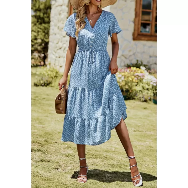imagePRETTYGARDEN Womens Floral Boho Dress Casual Short Sleeve V Neck Ruffle Tiered 2023 Summer Swing Maxi DressesBlue