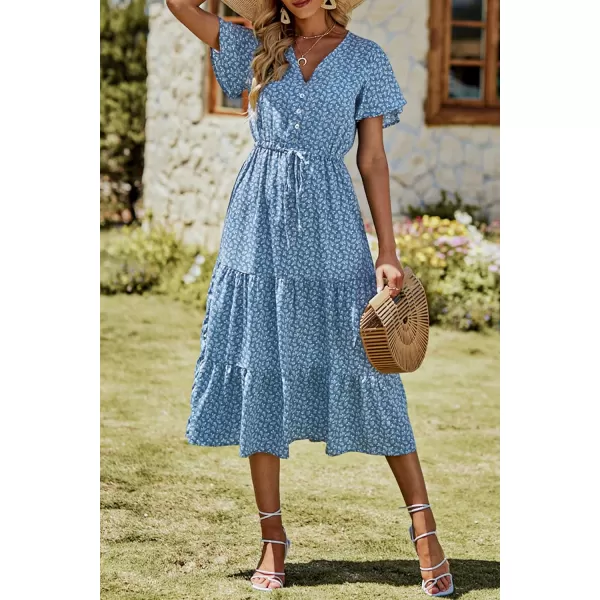 imagePRETTYGARDEN Womens Floral Boho Dress Casual Short Sleeve V Neck Ruffle Tiered 2023 Summer Swing Maxi DressesBlue