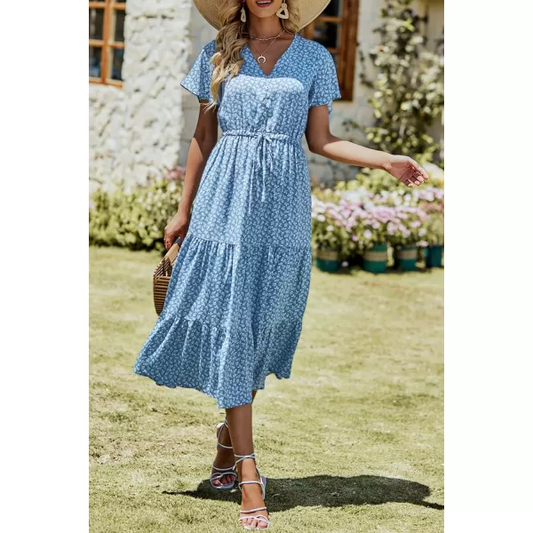 imagePRETTYGARDEN Womens Floral Boho Dress Casual Short Sleeve V Neck Ruffle Tiered 2023 Summer Swing Maxi DressesBlue