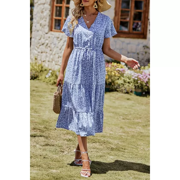imagePRETTYGARDEN Womens Floral Boho Dress Casual Short Sleeve V Neck Ruffle Tiered 2023 Summer Swing Maxi DressesBlue White Floral