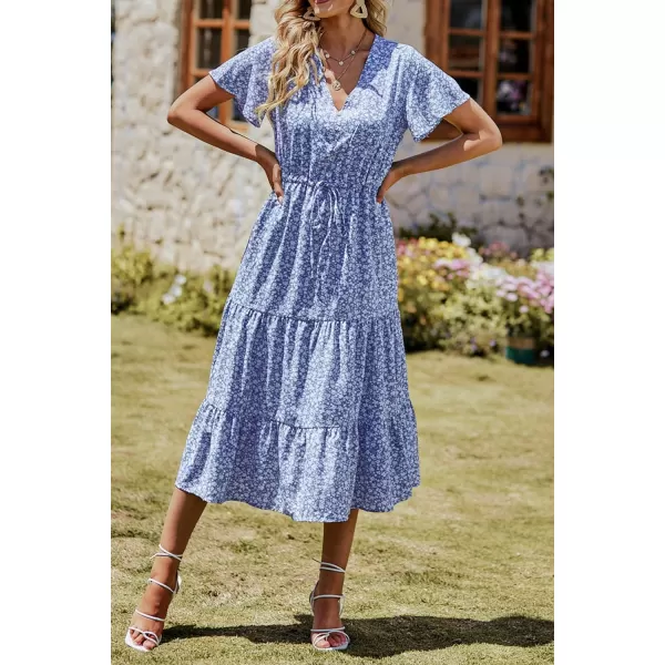 imagePRETTYGARDEN Womens Floral Boho Dress Casual Short Sleeve V Neck Ruffle Tiered 2023 Summer Swing Maxi DressesBlue White Floral