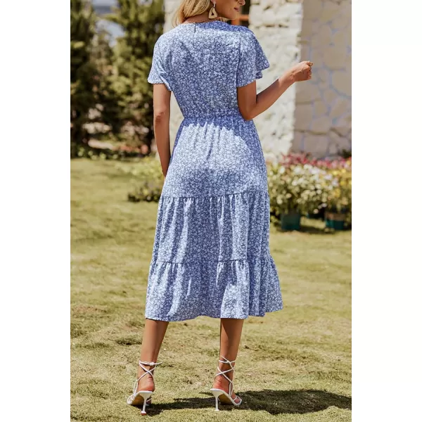 imagePRETTYGARDEN Womens Floral Boho Dress Casual Short Sleeve V Neck Ruffle Tiered 2023 Summer Swing Maxi DressesBlue White Floral