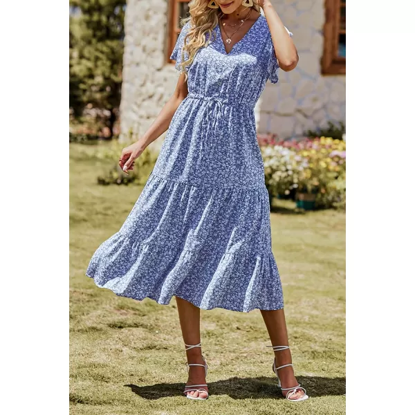 imagePRETTYGARDEN Womens Floral Boho Dress Casual Short Sleeve V Neck Ruffle Tiered 2023 Summer Swing Maxi DressesBlue White Floral