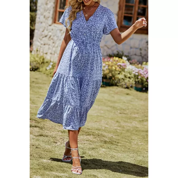 imagePRETTYGARDEN Womens Floral Boho Dress Casual Short Sleeve V Neck Ruffle Tiered 2023 Summer Swing Maxi DressesBlue White Floral