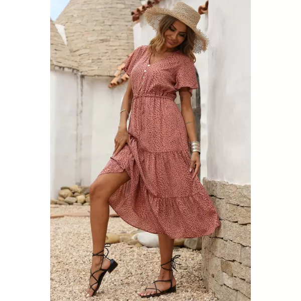 imagePRETTYGARDEN Womens Floral Boho Dress Casual Short Sleeve V Neck Ruffle Tiered 2023 Summer Swing Maxi DressesBrick Red