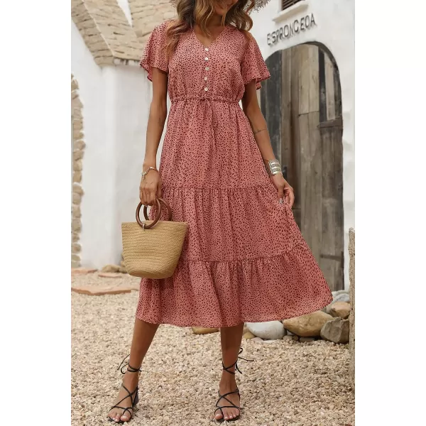 imagePRETTYGARDEN Womens Floral Boho Dress Casual Short Sleeve V Neck Ruffle Tiered 2023 Summer Swing Maxi DressesBrick Red