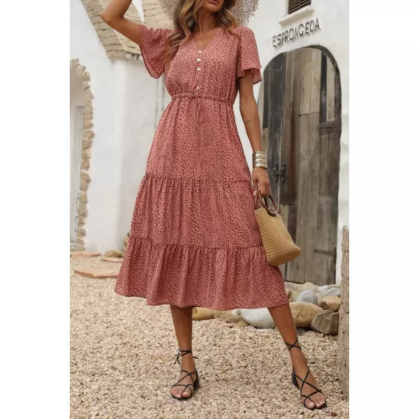 imagePRETTYGARDEN Womens Floral Boho Dress Casual Short Sleeve V Neck Ruffle Tiered 2023 Summer Swing Maxi DressesBrick Red