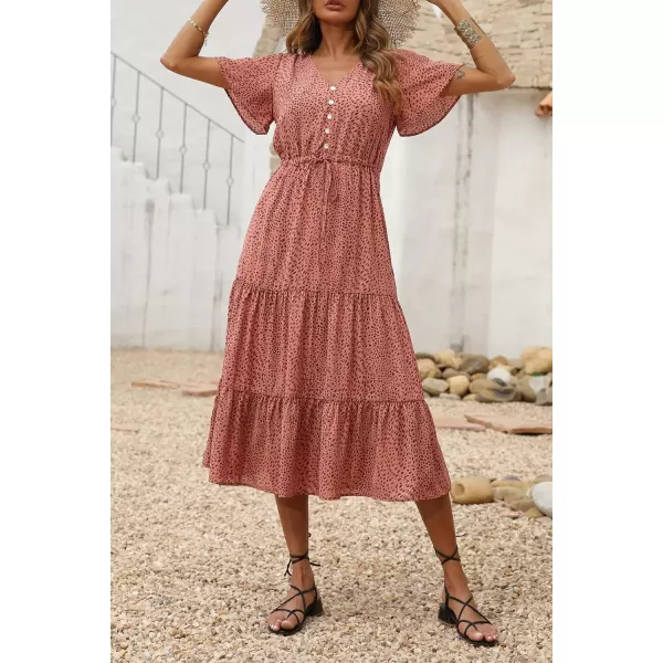 imagePRETTYGARDEN Womens Floral Boho Dress Casual Short Sleeve V Neck Ruffle Tiered 2023 Summer Swing Maxi DressesBrick Red