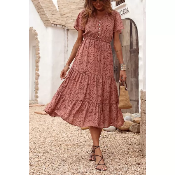 imagePRETTYGARDEN Womens Floral Boho Dress Casual Short Sleeve V Neck Ruffle Tiered 2023 Summer Swing Maxi DressesBrick Red