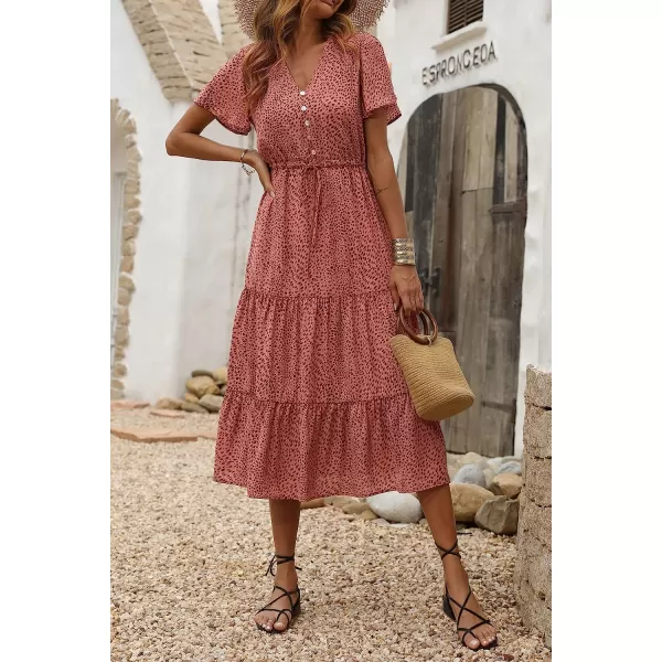 imagePRETTYGARDEN Womens Floral Boho Dress Casual Short Sleeve V Neck Ruffle Tiered 2023 Summer Swing Maxi DressesBrick Red