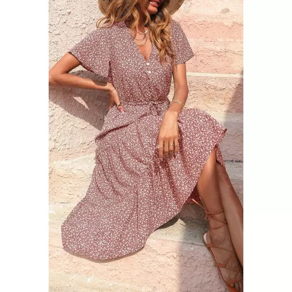 imagePRETTYGARDEN Womens Floral Boho Dress Casual Short Sleeve V Neck Ruffle Tiered 2023 Summer Swing Maxi DressesBrick Red Floral