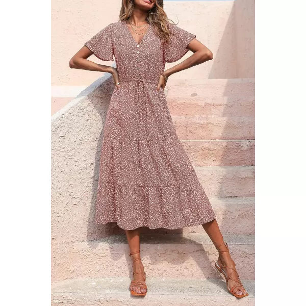 imagePRETTYGARDEN Womens Floral Boho Dress Casual Short Sleeve V Neck Ruffle Tiered 2023 Summer Swing Maxi DressesBrick Red Floral