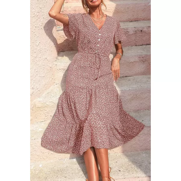 imagePRETTYGARDEN Womens Floral Boho Dress Casual Short Sleeve V Neck Ruffle Tiered 2023 Summer Swing Maxi DressesBrick Red Floral