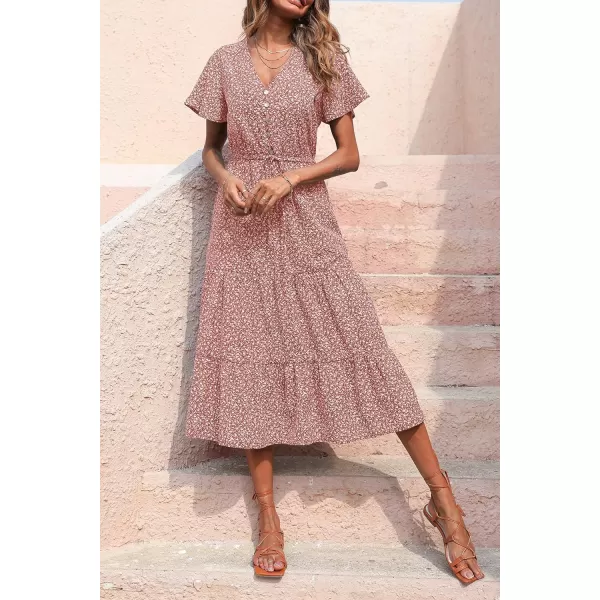 imagePRETTYGARDEN Womens Floral Boho Dress Casual Short Sleeve V Neck Ruffle Tiered 2023 Summer Swing Maxi DressesBrick Red Floral