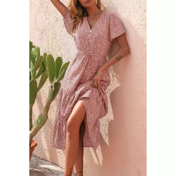 imagePRETTYGARDEN Womens Floral Boho Dress Casual Short Sleeve V Neck Ruffle Tiered 2023 Summer Swing Maxi DressesBrick Red Floral