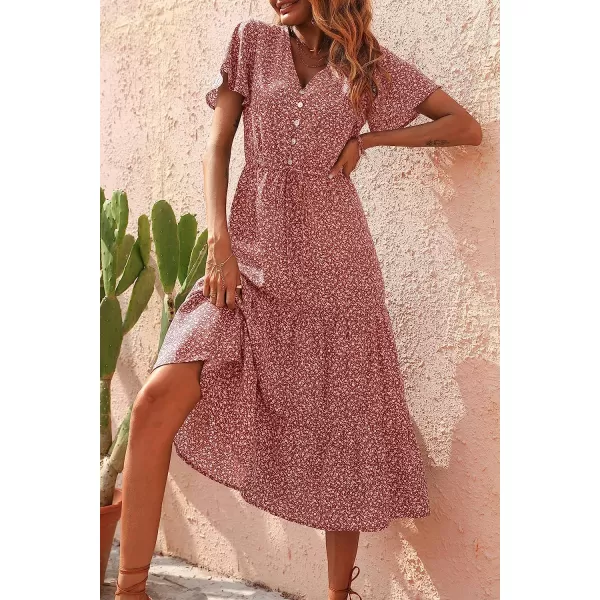 imagePRETTYGARDEN Womens Floral Boho Dress Casual Short Sleeve V Neck Ruffle Tiered 2023 Summer Swing Maxi DressesBrick Red Floral