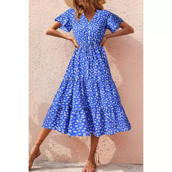 imagePRETTYGARDEN Womens Floral Boho Dress Casual Short Sleeve V Neck Ruffle Tiered 2023 Summer Swing Maxi DressesDark Blue