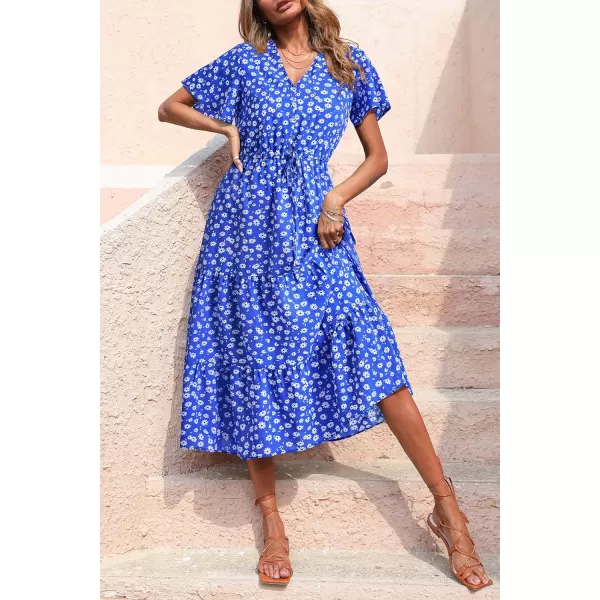 imagePRETTYGARDEN Womens Floral Boho Dress Casual Short Sleeve V Neck Ruffle Tiered 2023 Summer Swing Maxi DressesDark Blue