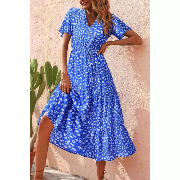 imagePRETTYGARDEN Womens Floral Boho Dress Casual Short Sleeve V Neck Ruffle Tiered 2023 Summer Swing Maxi DressesDark Blue