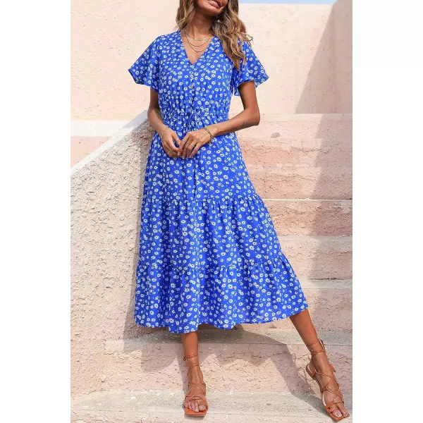 imagePRETTYGARDEN Womens Floral Boho Dress Casual Short Sleeve V Neck Ruffle Tiered 2023 Summer Swing Maxi DressesDark Blue