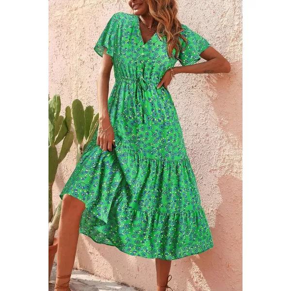 imagePRETTYGARDEN Womens Floral Boho Dress Casual Short Sleeve V Neck Ruffle Tiered 2023 Summer Swing Maxi DressesGreen Blue Floral