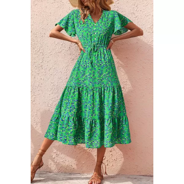 imagePRETTYGARDEN Womens Floral Boho Dress Casual Short Sleeve V Neck Ruffle Tiered 2023 Summer Swing Maxi DressesGreen Blue Floral