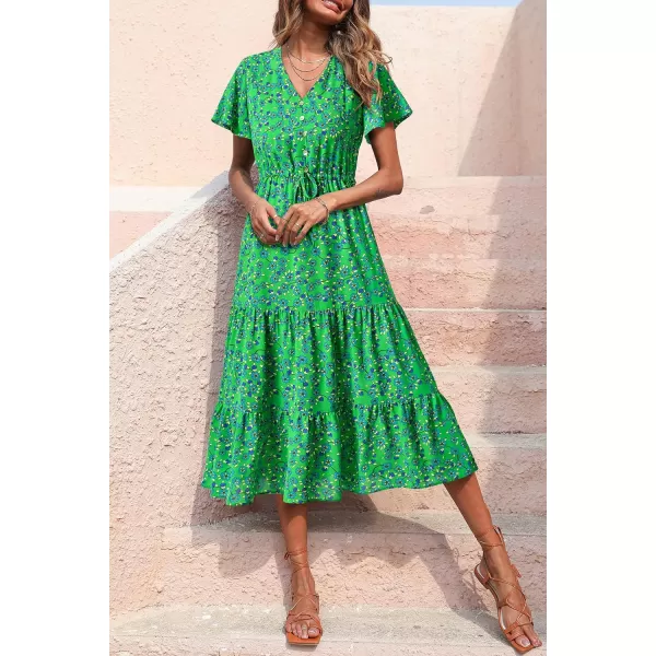 imagePRETTYGARDEN Womens Floral Boho Dress Casual Short Sleeve V Neck Ruffle Tiered 2023 Summer Swing Maxi DressesGreen Blue Floral