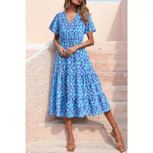imagePRETTYGARDEN Womens Floral Boho Dress Casual Short Sleeve V Neck Ruffle Tiered 2023 Summer Swing Maxi DressesLight Blue Purple Floral