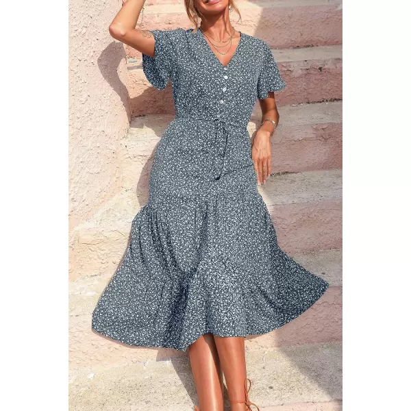 imagePRETTYGARDEN Womens Floral Boho Dress Casual Short Sleeve V Neck Ruffle Tiered 2023 Summer Swing Maxi DressesNavy Floral
