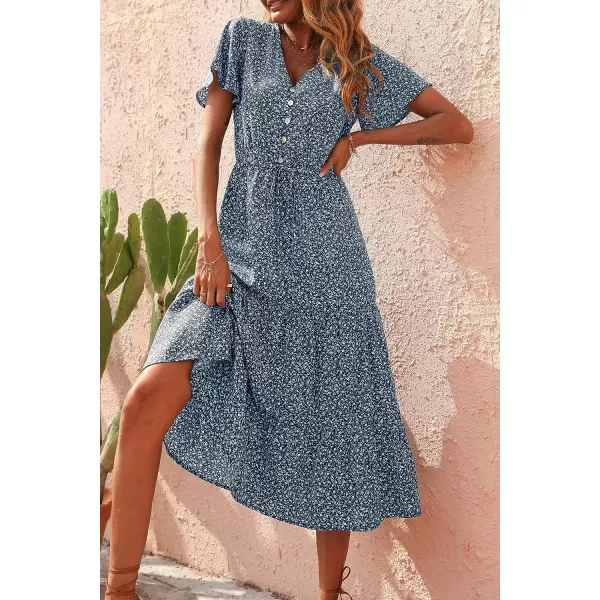 imagePRETTYGARDEN Womens Floral Boho Dress Casual Short Sleeve V Neck Ruffle Tiered 2023 Summer Swing Maxi DressesNavy Floral