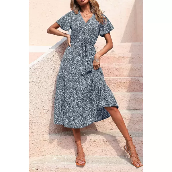 imagePRETTYGARDEN Womens Floral Boho Dress Casual Short Sleeve V Neck Ruffle Tiered 2023 Summer Swing Maxi DressesNavy Floral