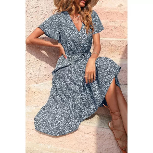 imagePRETTYGARDEN Womens Floral Boho Dress Casual Short Sleeve V Neck Ruffle Tiered 2023 Summer Swing Maxi DressesNavy Floral