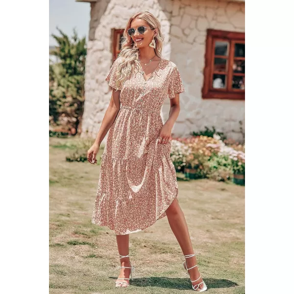 imagePRETTYGARDEN Womens Floral Boho Dress Casual Short Sleeve V Neck Ruffle Tiered 2023 Summer Swing Maxi DressesOrange Yellow