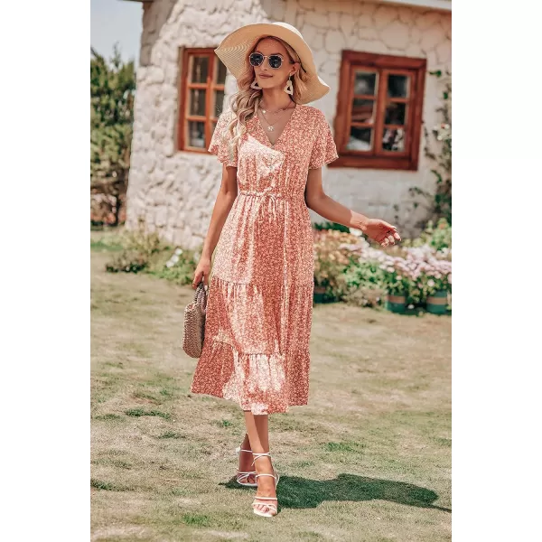 imagePRETTYGARDEN Womens Floral Boho Dress Casual Short Sleeve V Neck Ruffle Tiered 2023 Summer Swing Maxi DressesOrange Yellow