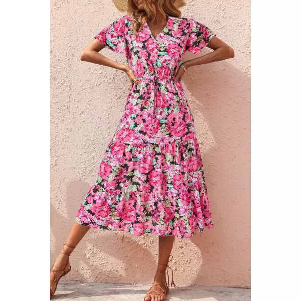 imagePRETTYGARDEN Womens Floral Boho Dress Casual Short Sleeve V Neck Ruffle Tiered 2023 Summer Swing Maxi DressesRed