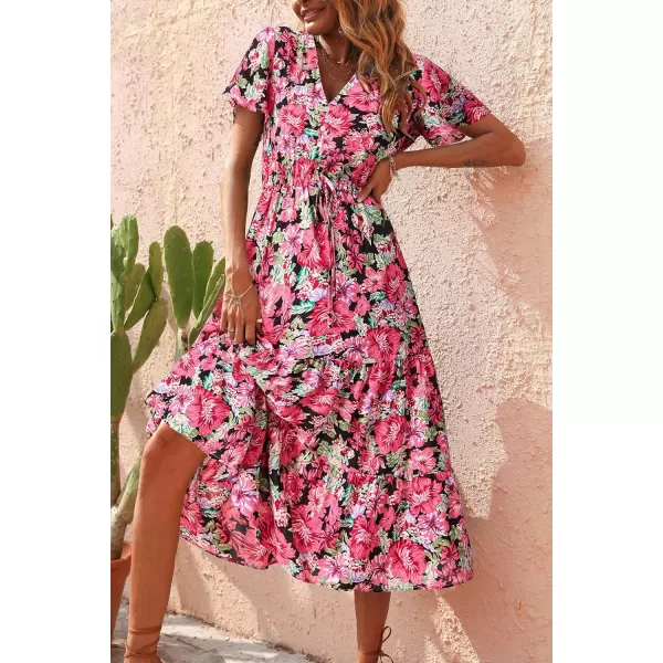 imagePRETTYGARDEN Womens Floral Boho Dress Casual Short Sleeve V Neck Ruffle Tiered 2023 Summer Swing Maxi DressesRed