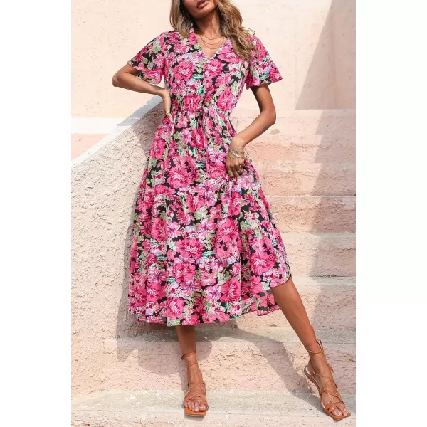 imagePRETTYGARDEN Womens Floral Boho Dress Casual Short Sleeve V Neck Ruffle Tiered 2023 Summer Swing Maxi DressesRed