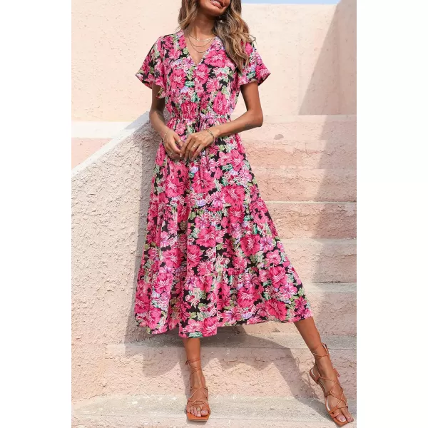 imagePRETTYGARDEN Womens Floral Boho Dress Casual Short Sleeve V Neck Ruffle Tiered 2023 Summer Swing Maxi DressesRed
