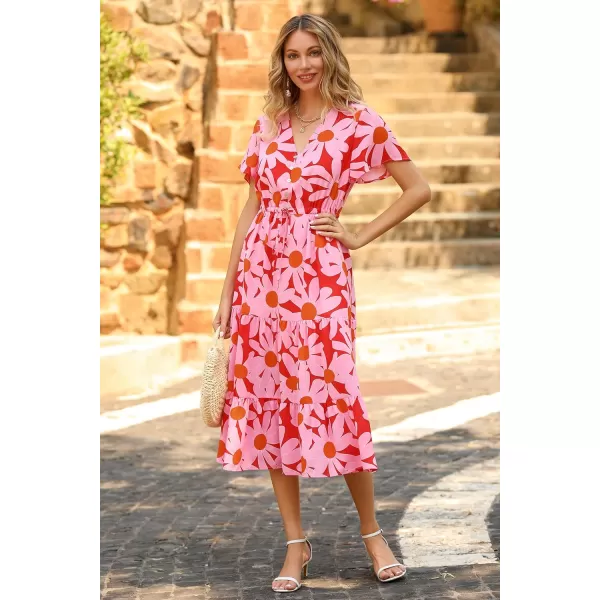 imagePRETTYGARDEN Womens Floral Boho Dress Casual Short Sleeve V Neck Ruffle Tiered 2023 Summer Swing Maxi DressesRed Floral