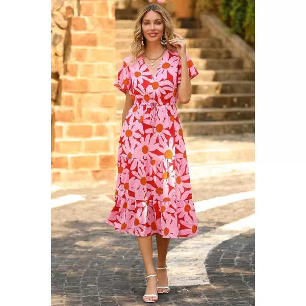 imagePRETTYGARDEN Womens Floral Boho Dress Casual Short Sleeve V Neck Ruffle Tiered 2023 Summer Swing Maxi DressesRed Floral