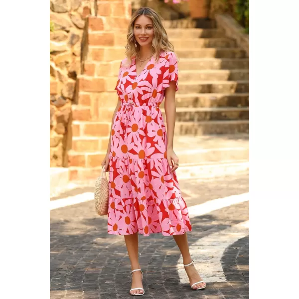 imagePRETTYGARDEN Womens Floral Boho Dress Casual Short Sleeve V Neck Ruffle Tiered 2023 Summer Swing Maxi DressesRed Floral