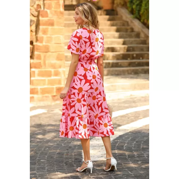 imagePRETTYGARDEN Womens Floral Boho Dress Casual Short Sleeve V Neck Ruffle Tiered 2023 Summer Swing Maxi DressesRed Floral