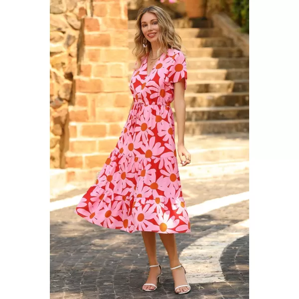 imagePRETTYGARDEN Womens Floral Boho Dress Casual Short Sleeve V Neck Ruffle Tiered 2023 Summer Swing Maxi DressesRed Floral