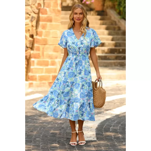 imagePRETTYGARDEN Womens Floral Boho Dress Casual Short Sleeve V Neck Ruffle Tiered 2023 Summer Swing Maxi DressesWhite Blue Floral