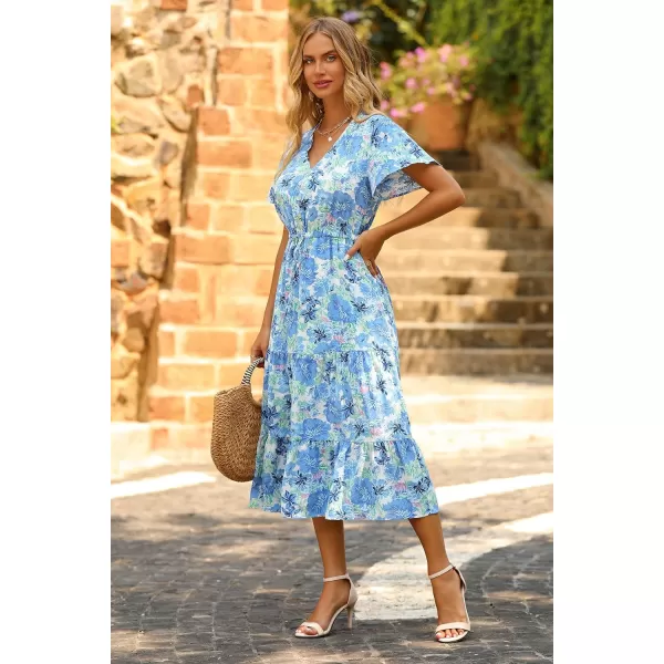 imagePRETTYGARDEN Womens Floral Boho Dress Casual Short Sleeve V Neck Ruffle Tiered 2023 Summer Swing Maxi DressesWhite Blue Floral