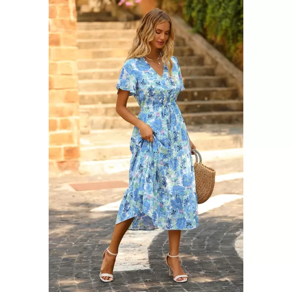 imagePRETTYGARDEN Womens Floral Boho Dress Casual Short Sleeve V Neck Ruffle Tiered 2023 Summer Swing Maxi DressesWhite Blue Floral