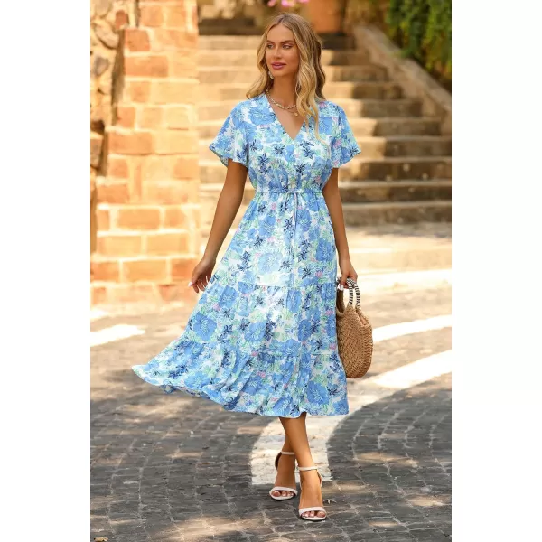 imagePRETTYGARDEN Womens Floral Boho Dress Casual Short Sleeve V Neck Ruffle Tiered 2023 Summer Swing Maxi DressesWhite Blue Floral