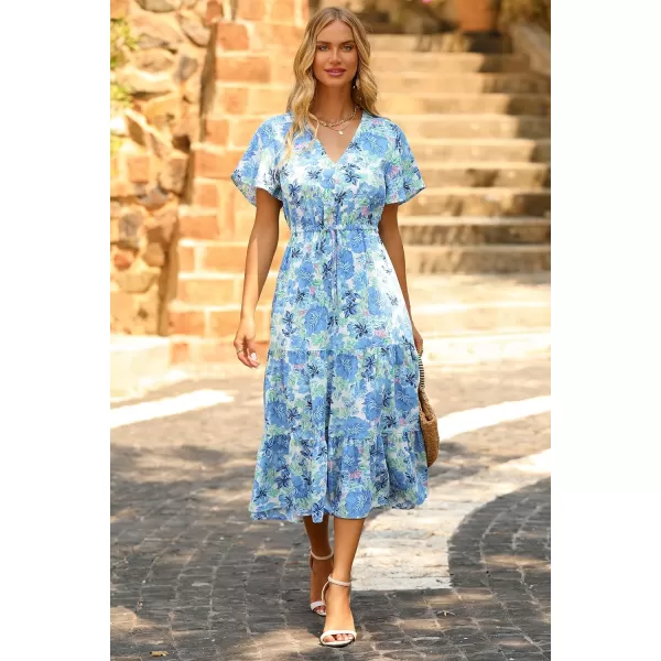 imagePRETTYGARDEN Womens Floral Boho Dress Casual Short Sleeve V Neck Ruffle Tiered 2023 Summer Swing Maxi DressesWhite Blue Floral